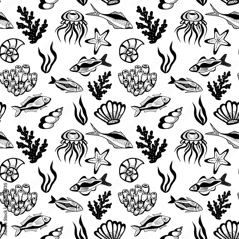 Hand drawn sketch sea animals fish background. Vector seamless doodle style pattern with fish and sea animals in black and white.