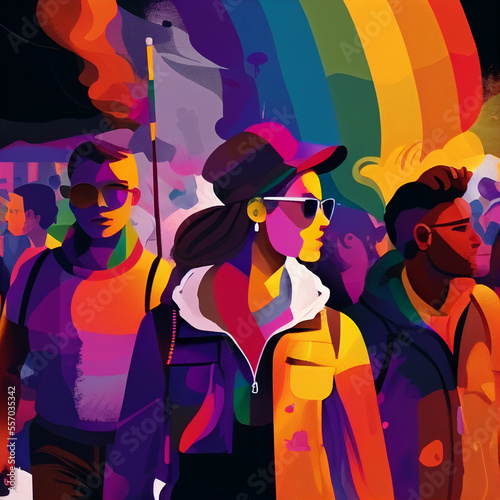 LGBTQ People Pride March Parade Protest Dancing rainbow Colours Trans Joyful Generative AI Tools Technology illustration