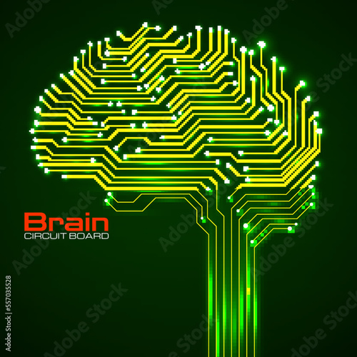 Abstract technological brain with glowing circuit board. Vector illustration