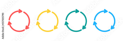 4 arrow pictogram refresh reload rotation loop sign set. Simple color web icon on white background. Modern contemporary solid plain flat minimal style.