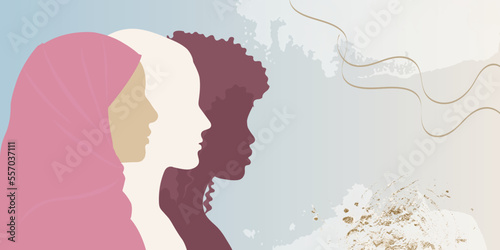 Multicultural and multiethnic women. International Woman's day, mother's day, woman power, empowerment. Female profile silhouette.