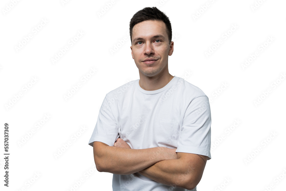 Fototapeta premium A young man in a white T-shirt portrait, isolated transparent background.