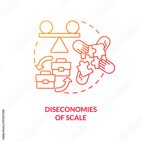 Diseconomies of scale red gradient concept icon. Disadvantage of merger abstract idea thin line illustration. Coordination difficulties. Isolated outline drawing. Myriad Pro-Bold font used