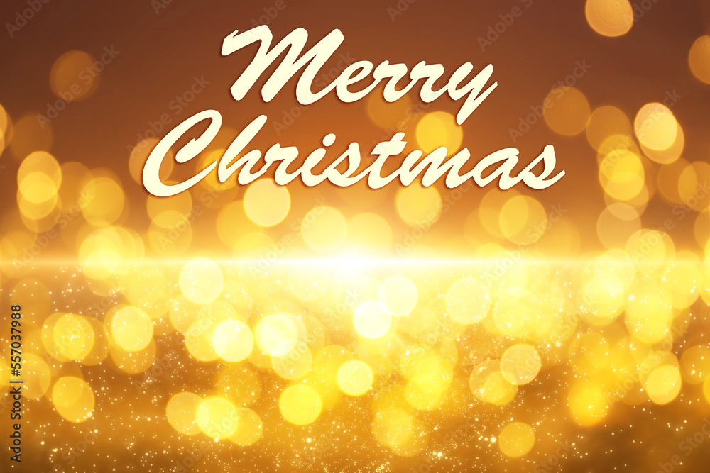 Text Merry Christmas on blurred background with golden lights. Bokeh effect