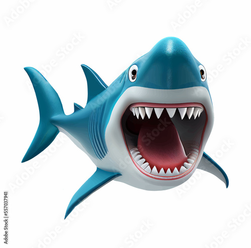 Blue cartoon shark with open mouth on a white background. Vector illustration  print for background  print on fabric  paper  wallpaper  packaging.