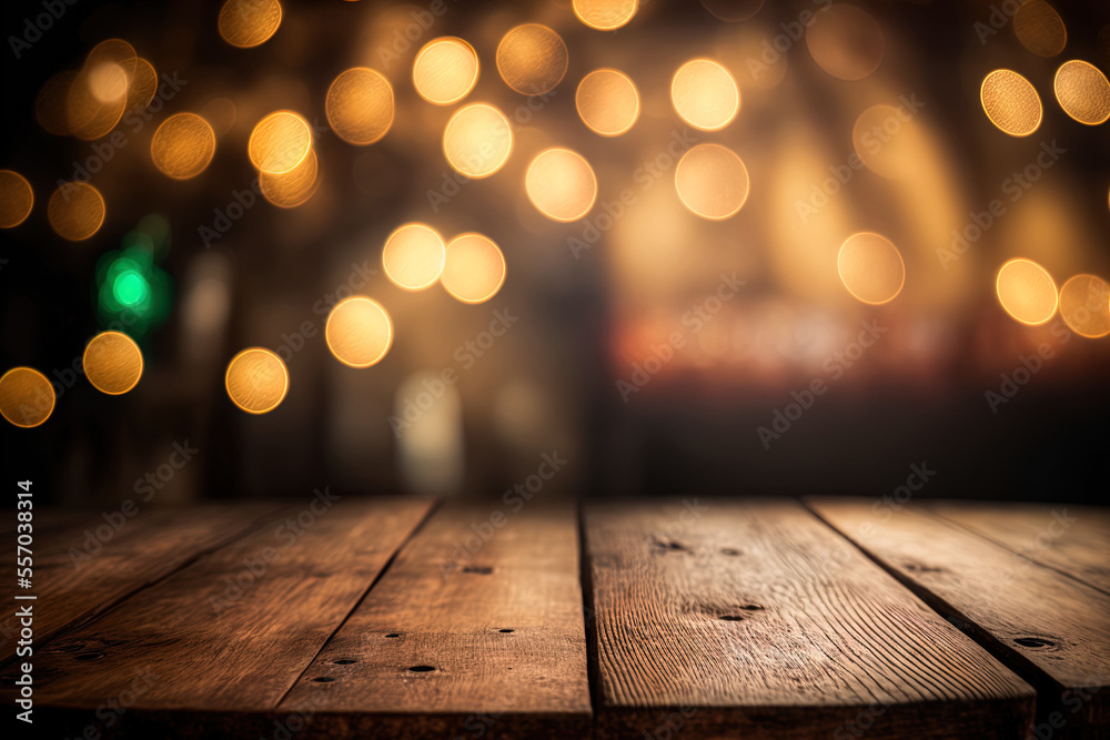 of a rustic wooden table against a background of bokeh lights. Generative AI of a rustic wooden table against a background of bokeh lights. Generative AI