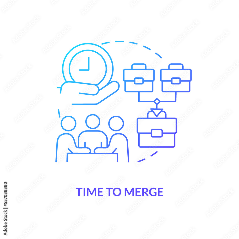 Time to merge blue gradient concept icon. Managing through acquisition abstract idea thin line illustration. Team meeting. Negotiation process. Isolated outline drawing. Myriad Pro-Bold font used Time to merge blue gradient concept icon. Managing through acquisition abstract idea thin line illustration. Team meeting. Negotiation process. Isolated outline drawing. Myriad Pro-Bold font used