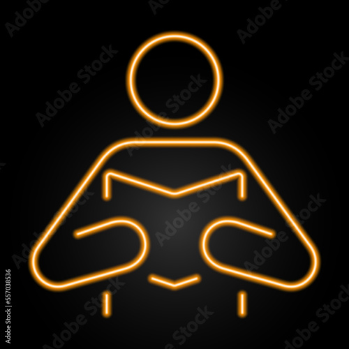 man reading neon sign, modern glowing banner design, colorful modern design trends on black background. Vector illustration.