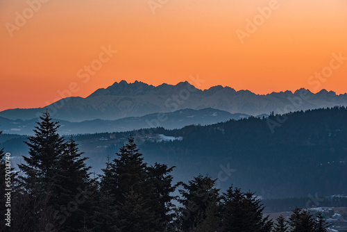 Tatra Mountains against the background of the orange sky
