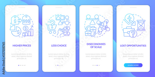 Drawbacks of mergers blue gradient onboarding mobile app screen. Diseconomies walkthrough 4 steps graphic instructions with linear concepts. UI, UX, GUI template. Myriad Pro-Bold, Regular fonts used photo