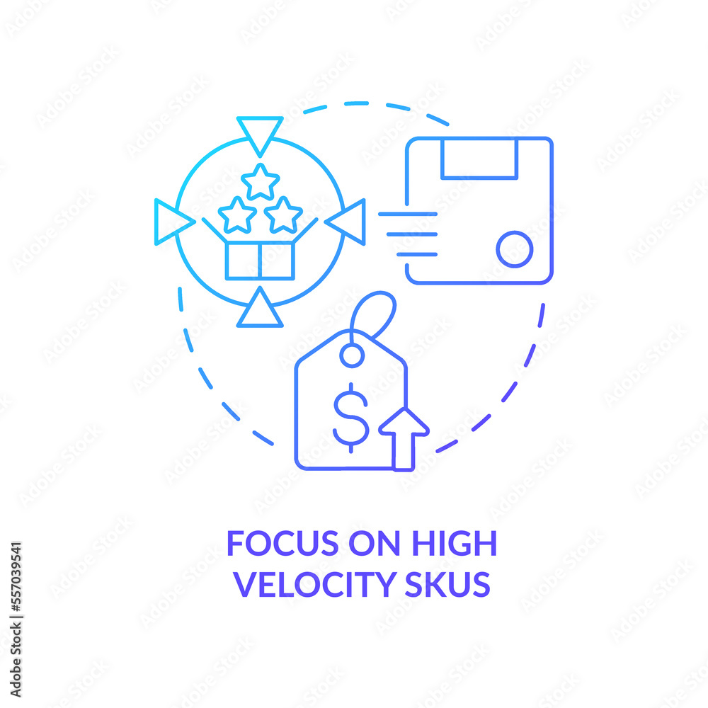 Focus on high velocity SKUs blue gradient concept icon. Product in demand. Strategy for raising prices abstract idea thin line illustration. Isolated outline drawing. Myriad Pro-Bold font used