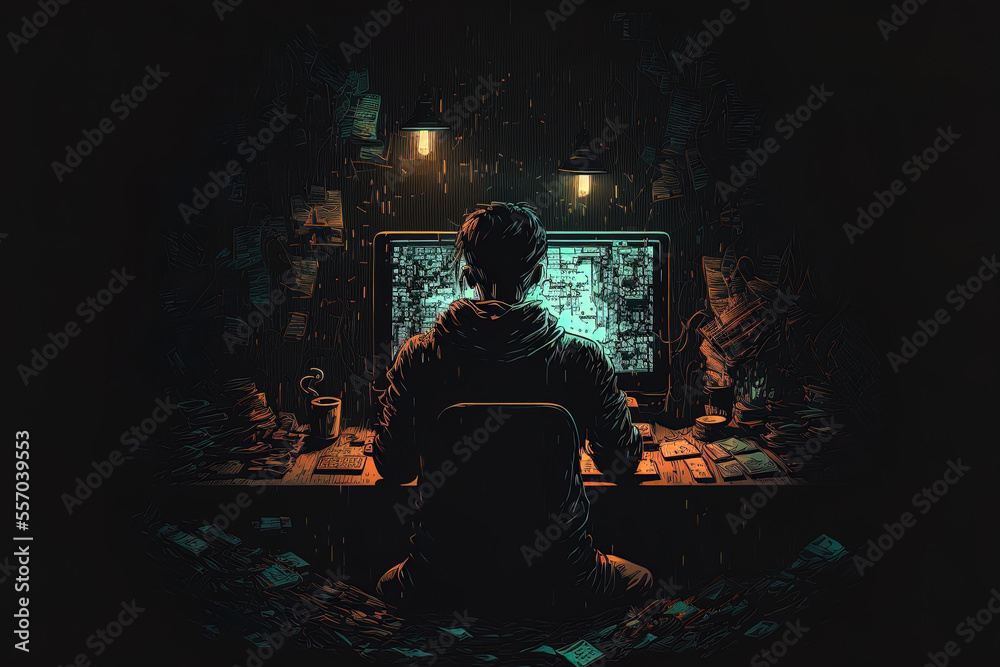 Fototapeta premium Back view of clever, talented, introverted tester writing, operating, and protecting data in a nighttime, private, dark room. Generative AI