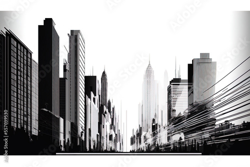 Conceptual Ai Generated Image  not actual  - Cityscape Line Panorama A white backdrop with a linear view of the metropolitan environment. artwork with fine lines. Generative AI