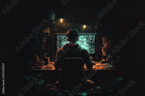 Back view of clever, talented, introverted tester writing, operating, and protecting data in a nighttime, private, dark room. Generative AI