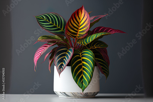 Calathea maranta plant with attractive multicolored variegation in a white flowerpot, close up side view with copyspace. Generative AI photo