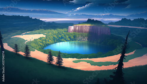 A crater with a lake. A drawing of nature. The forest around the crater. Green meadows. © Nereida