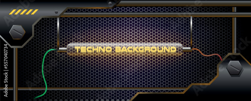 Abstract background with futuristic sci-fi industrial mechanism, cathode ray tube, wires and stainless steel metal grid. Glowing text: techno background. Vector illustration