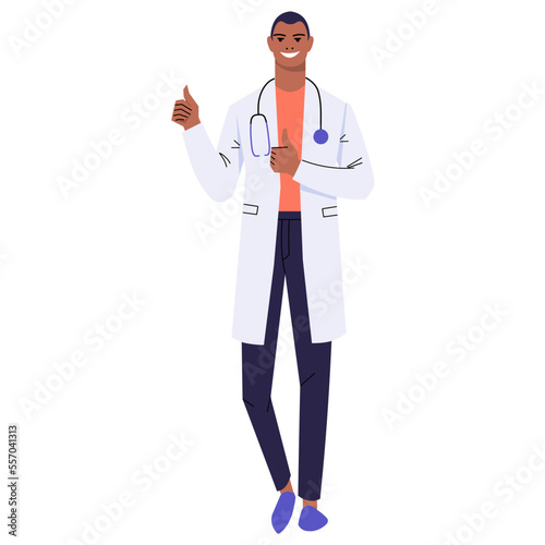 Dark-skinned doctor showing thumbs up with both hands. Approving gesture, cool, good. Medical worker with stethoscope and white coat. Smiling character isolated on white background. Flat style. Vector