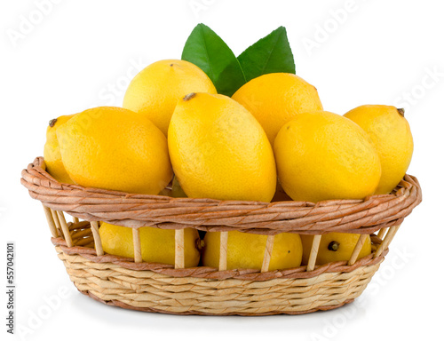 Lemons in basket isolated on white background
