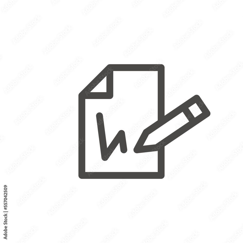 The icon for signing the document. A simple image of a piece of paper and a pen that puts a signature. Linear vector on a white background. The icon for signing the document. A simple image of a piece of paper and a pen that puts a signature. Linear vector on a white background.