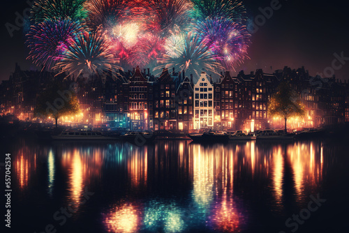 Beautiful calm night view of city on river side, reflections, water. beautiful vivid colors. Amsterdam city. Fireworks display. Celebration concept © Ron