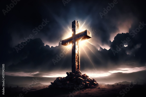 Obraz na płótnie Christian cross on top of the hill in sun rays