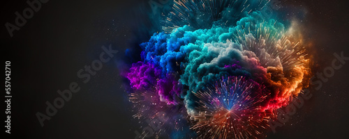  Fourth of July festival and anniversary celebration with Purple Fireworks in 2023. Nighttime purple fireworks celebrate national holiday. Violet fireworks display Countdown to the 2023 New Year