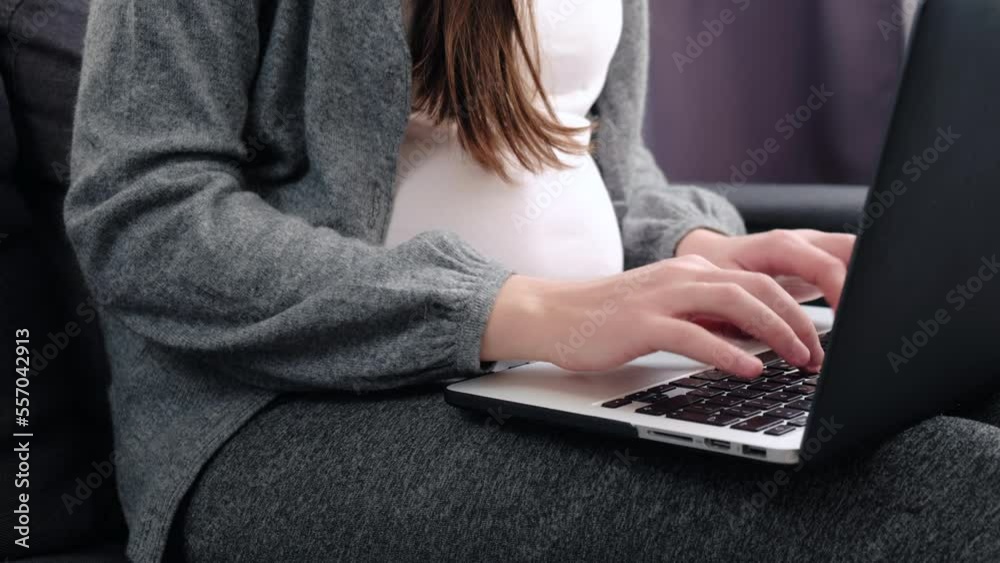 Close up of pregnant freelance employee woman sitting on cozy couch working from home, typing on laptop at big belly indoors, using online app, chatting, shopping on Internet, consulting doctor Close up of pregnant freelance employee woman sitting on cozy couch working from home, typing on laptop at big belly indoors, using online app, chatting, shopping on Internet, consulting doctor