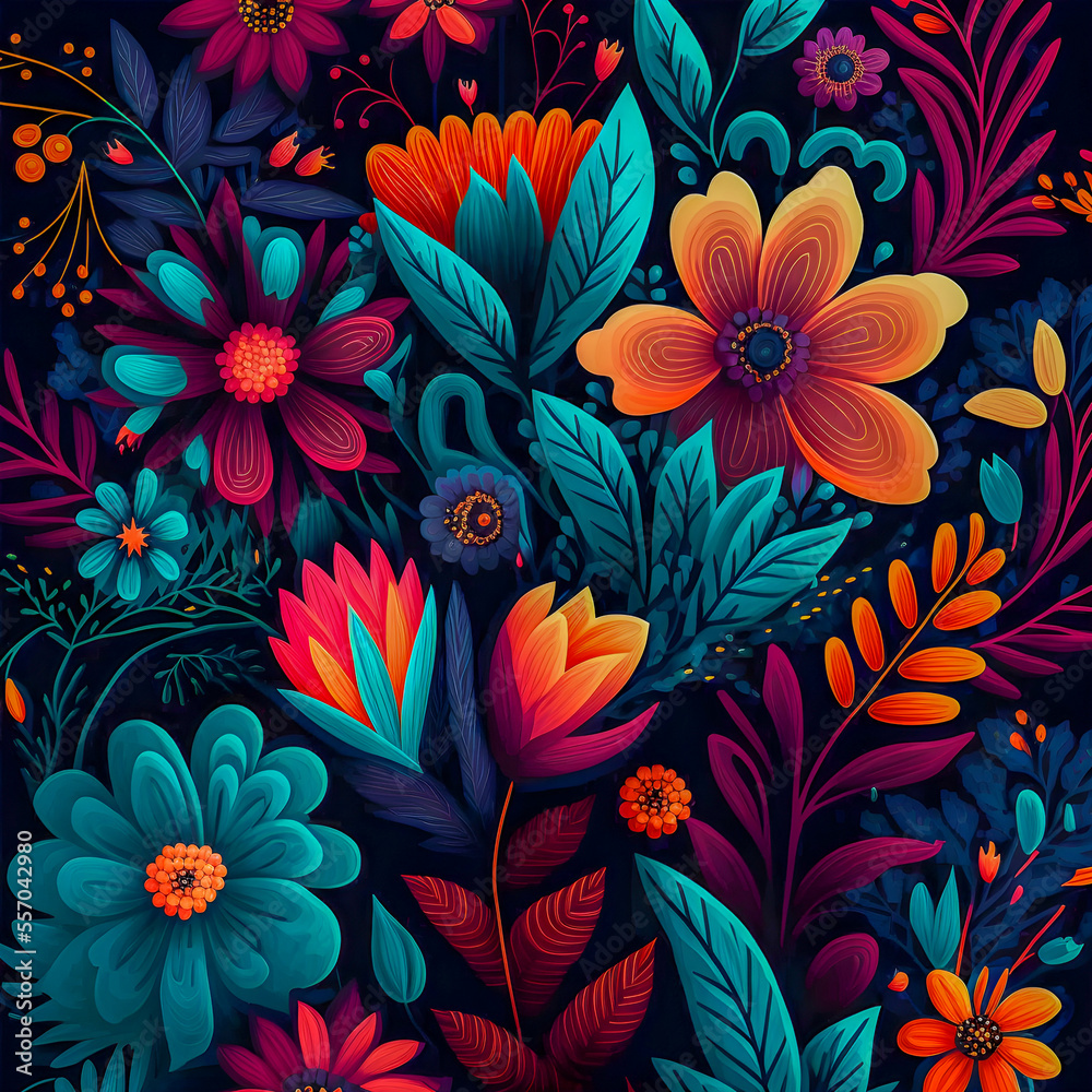 Flowers pattern, neon colors illustartion