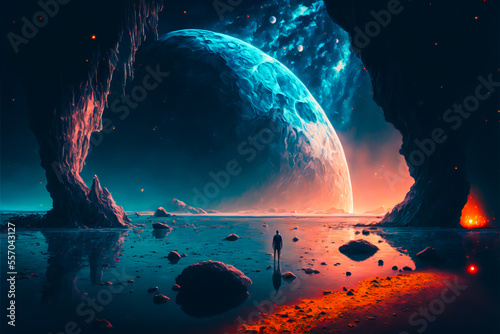 Huge planet in the night sky. Fantastic space scene view. Small man standing in a water with huge planet in the sky. Satelite of the planet in the sky, Generative AI illustration.