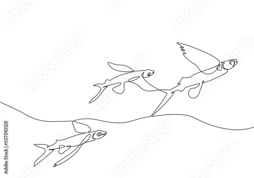 Three flying fish on ocean surface made in the one continuous line art technique. Minimalistic black and white image.