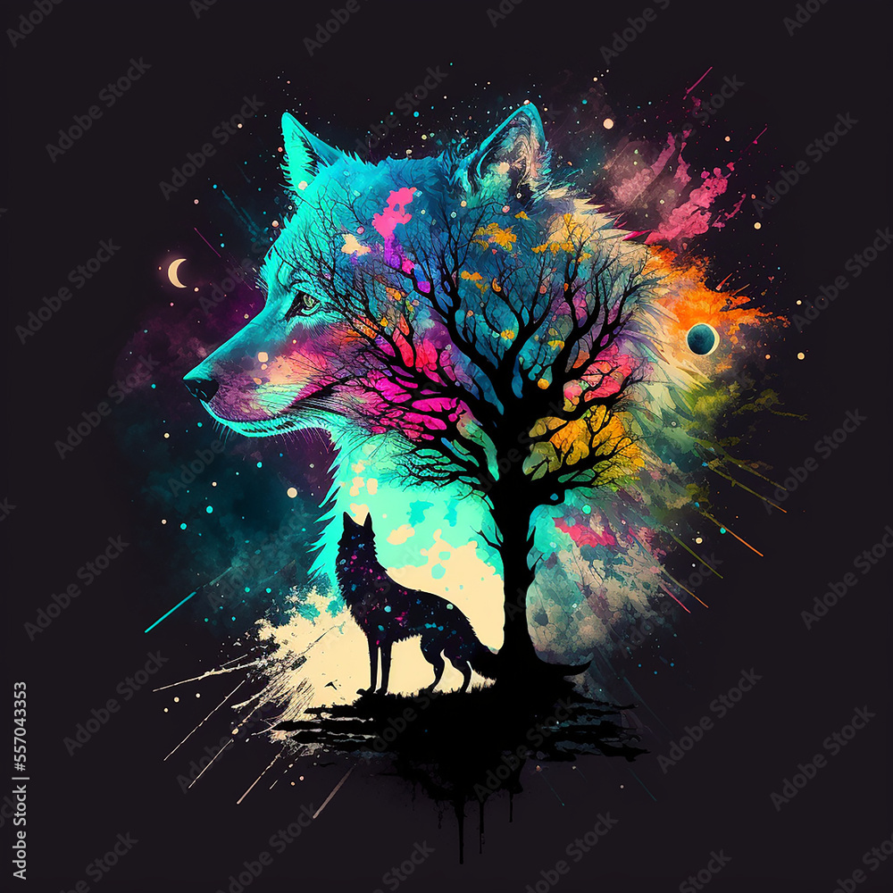 Turkish mythology wolf and eternity tree. A painting with elements of