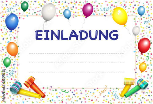 Einladungs-Karte zum Geburtstag, Muttertag, Fasching, Karneval, Party uvm. mit Konfetti, Luftballons, Luftschlangen und Platz für Text, Vektor Illustration isoliert auf weißem Hintergrund 