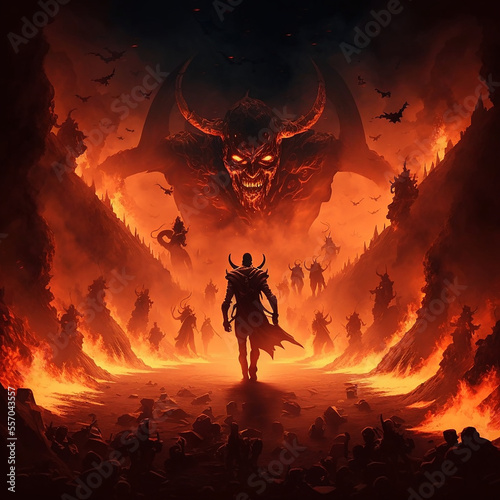 A view from hell. Lucifer and his warrior demons. Some angels who went to fight the demons. The area is in flames.hell, angel, dark, genie, demon, devil, dark. Created with Generative AI technology. photo