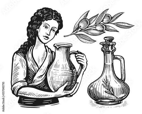 Collection of olive oil illustrations in engraving style. Extra virgin, healthy organic natural farm food. Sketch vintage