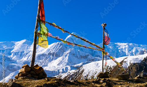 Prayer flags blowing in the wind with snowy Annapurna mountain range in the distance photo