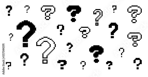 8 Bit pixel art question mark icon set. isolated pixelated question symbols.	