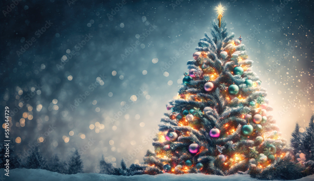 A decorated Christmas tree with a star on top of it in the snow with a blurry winter background of snowflakes. A Happy New Year and Christmas Wallpaper. Generative AI. 