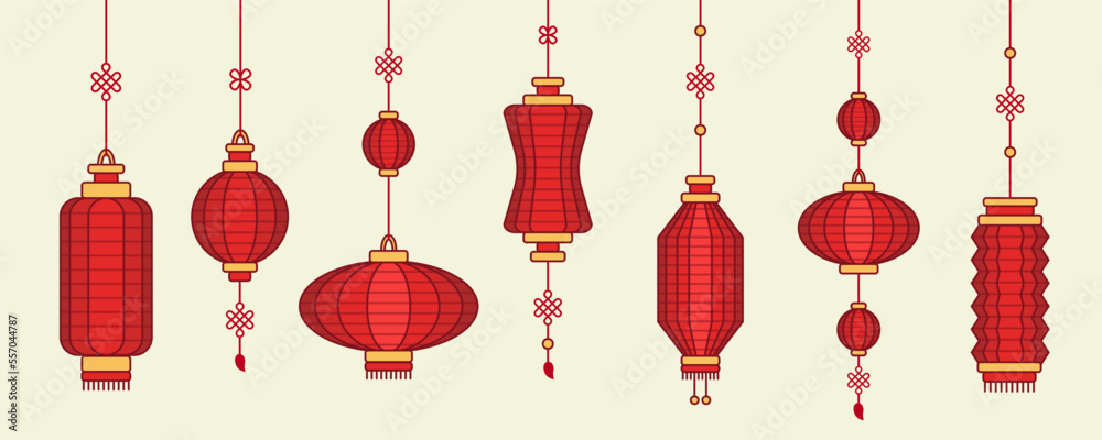 Set of seven Chinese lanterns, red paper lanterns, east culture objects, vector elements, holiday decorations. Set of seven Chinese lanterns, red paper lanterns, east culture objects, vector elements, holiday decorations.