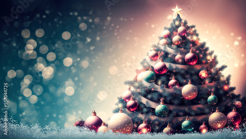 A decorated Christmas tree with a star on top of it in the snow with a blurry winter background of snowflakes. A Happy New Year and Christmas Wallpaper. Generative AI. 