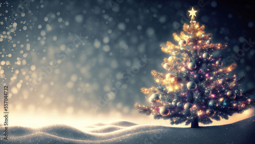 A decorated Christmas tree with a star on top of it in the snow with a blurry winter background of snowflakes. A Happy New Year and Christmas Wallpaper. Generative AI.  © Tarunabh