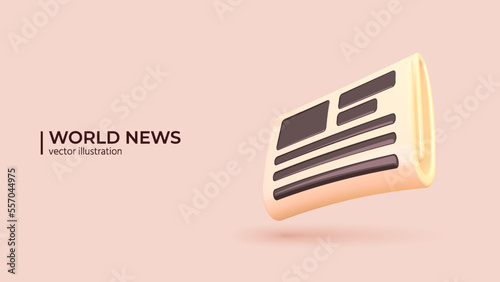 3d Concept - World News. Realistic 3d Design of Newspaper. News paper with curved sheet. World press, news, publication on pages in Trendy colors. Vector illustration in cartoon minimal style.