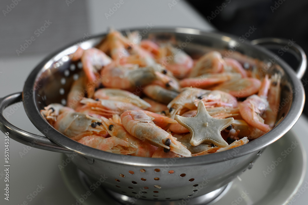 Shrimp and one starfish in a mettalic colander Shrimp and one starfish in a mettalic colander