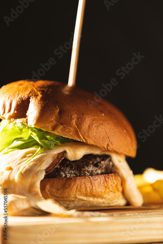 detail of cheeseburger with spilled cheese