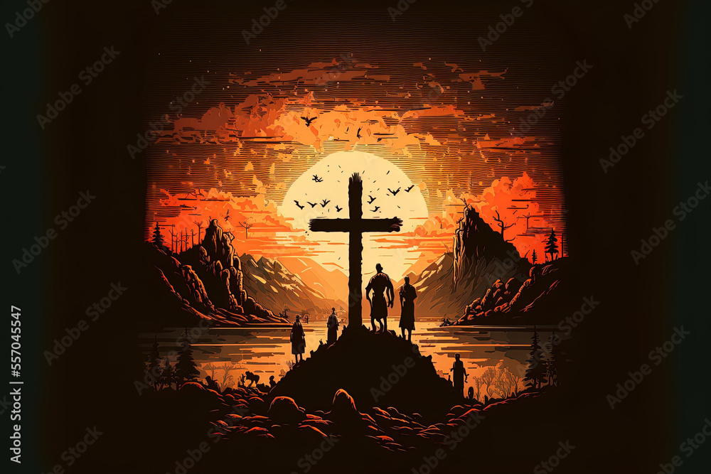 Jesus dying on the cross in a dramatic biblical scenario with a sunset