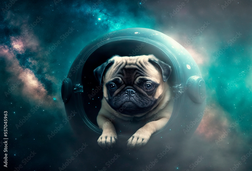 Generative AI illustration of the space french bulldog on the background of outer space and beautiful nebula. Beautiful fantastic wallpaper. Futuristic concept art.