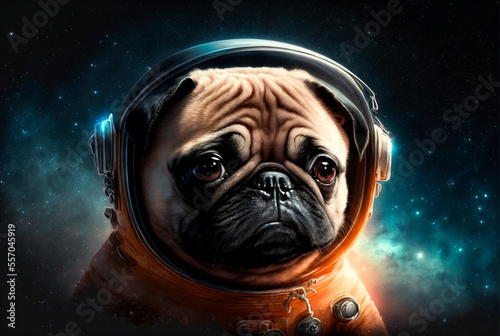 Generative AI illustration of the french bulldog in a spacesuit on the background of outer space. Beautiful fantastic wallpaper. Futuristic concept art.