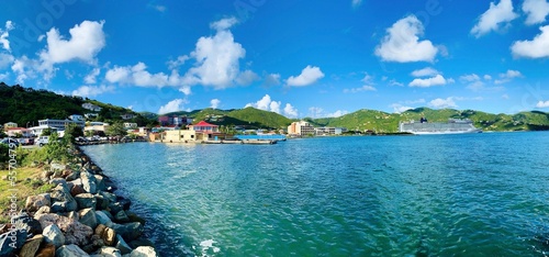 Overlooking the Road Harbor in Road Town, located on Tortola. A cruise ship docked on the port terminal. Road Town is the capital of the British Virgin Islands, on Caribbean Sea. Panoramic view. BVI photo