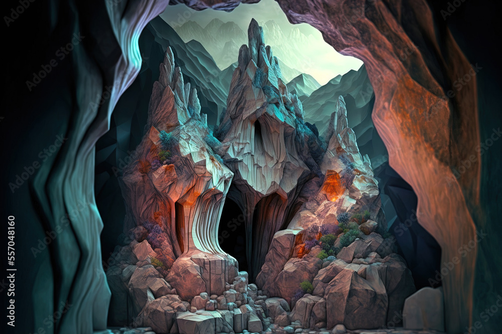 Rock depression shown in raster form with marble pillars, rocks ...