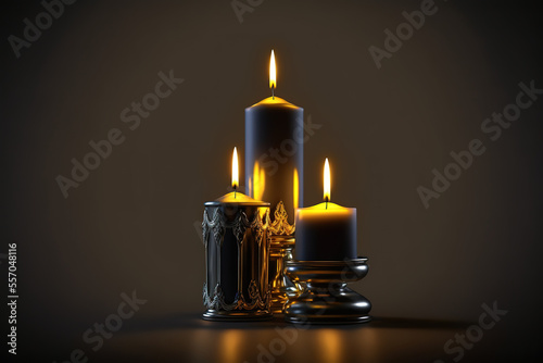 three burning candle flames or light glowing on black or dark background on table in church for Christmas  funeral or memorial service
